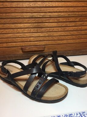 ECCO leather sandals, silver studs, adjustable straps, cork cushion.footbed